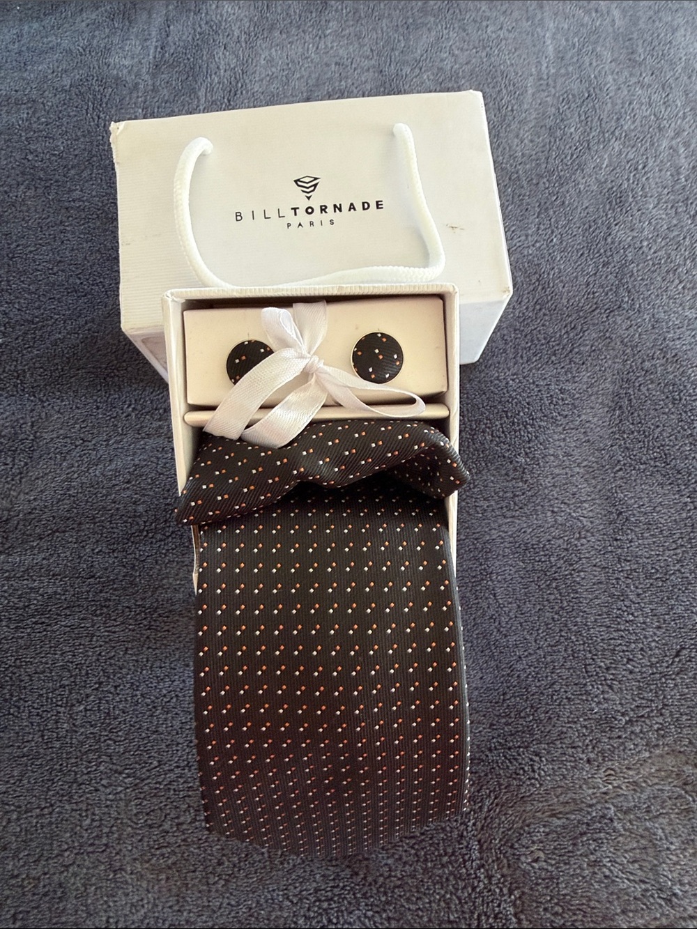 Billtornade Black Tie and Cufflink and Pocket Square  Set with Orange Dots